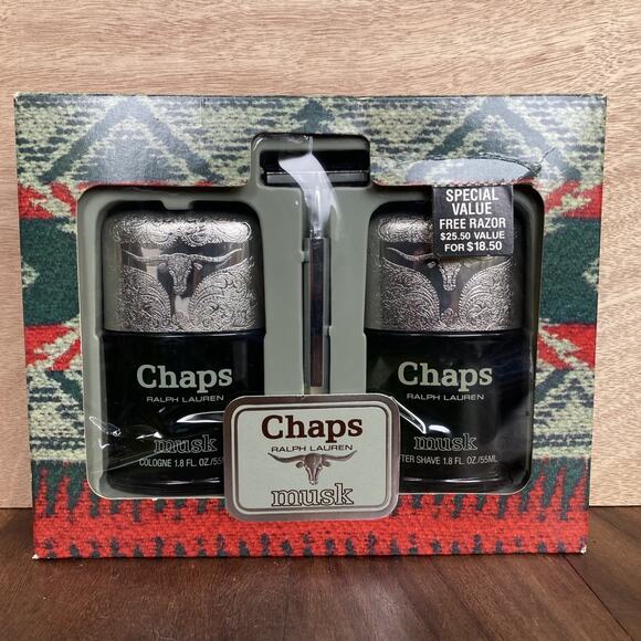 Vintage Ralph Lauren Chaps Gift Set Musk Cologne After Shave 1.8 oz w/ Razor New